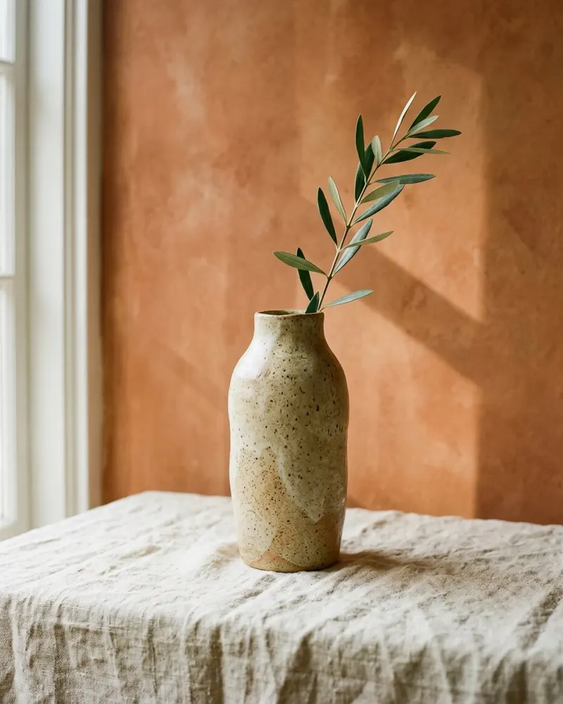 A ceramic vase holding a green branch against a warm terracotta wall