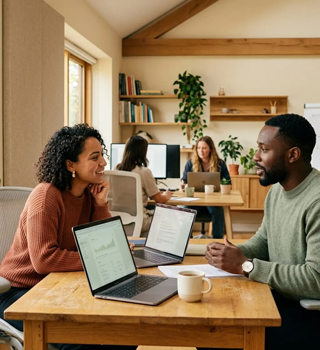 A small team in a warm, sunlit studio having a one-to-one conversation