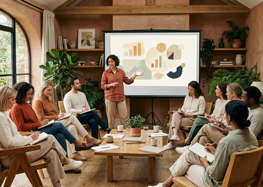 Participants in a warm, plant-filled workshop room